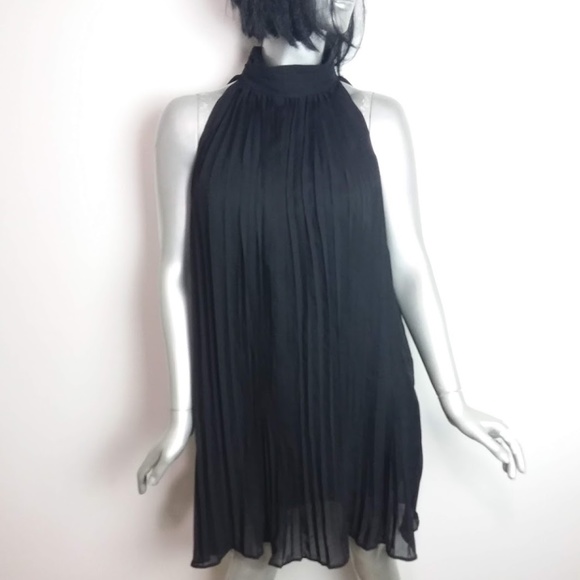 BOGO 50% Large Black Dress Sleeveless Pleated Chiffon Knee Length Round Neck - Picture 1 of 5